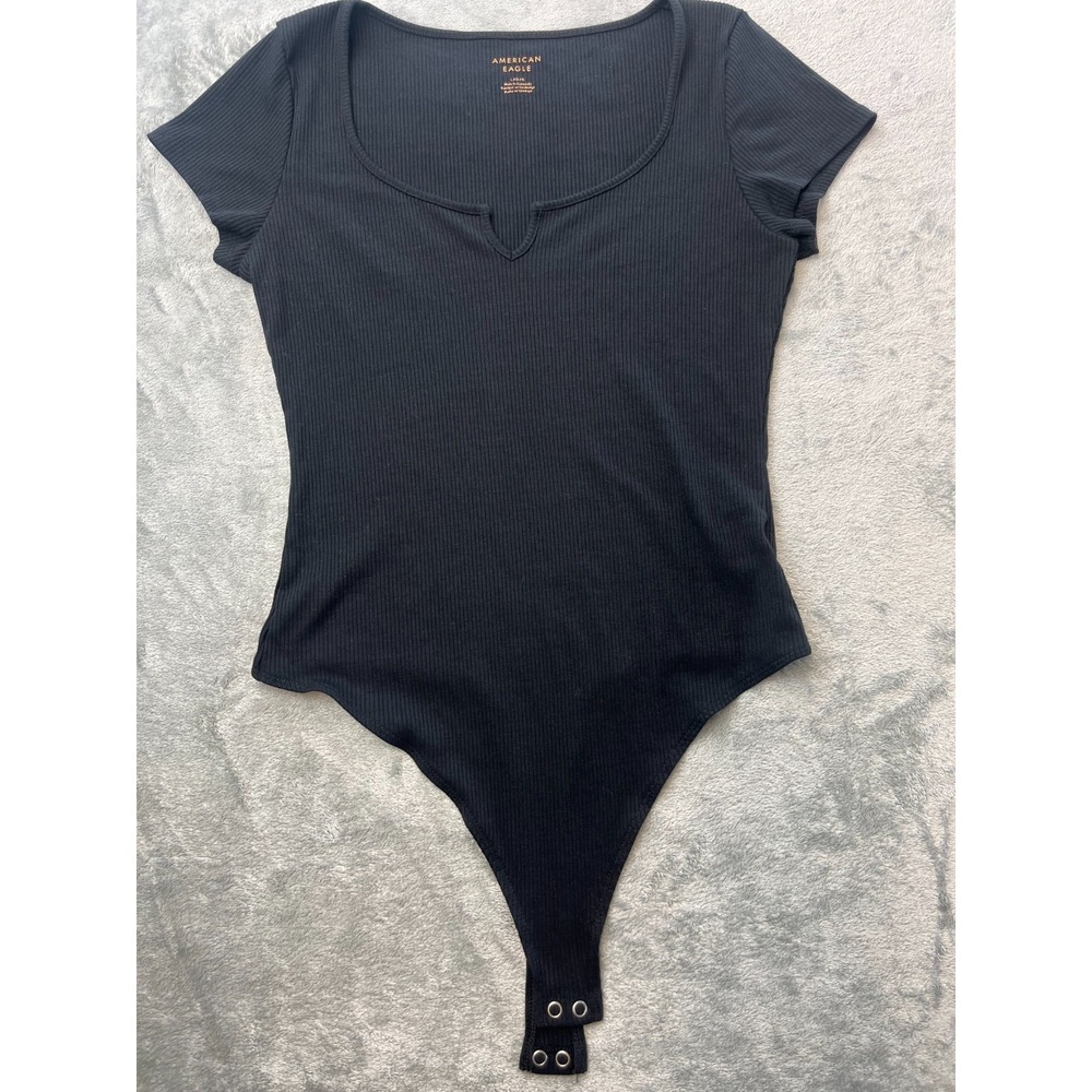 Ribbed Black Short Sleeve Thong Bodysuit American Eagle Size Large